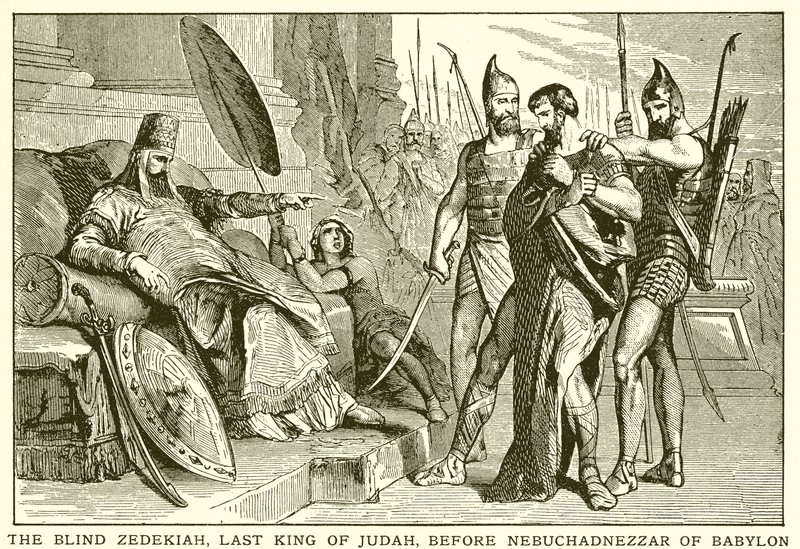 De blinde Zedekia, laatste koning van Juda, voor Nebukadnezar van Babylon door English School