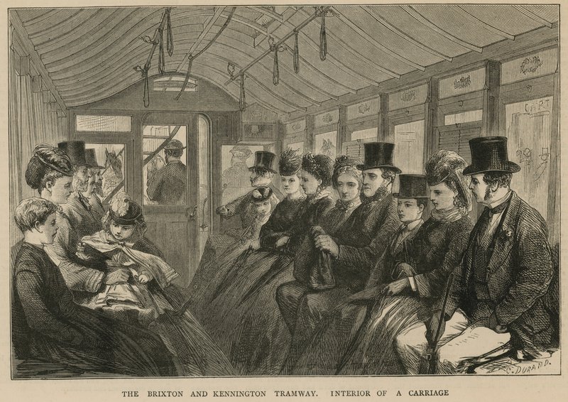 De Brixton en Kennington Tramweg - interieur van een wagen door English School