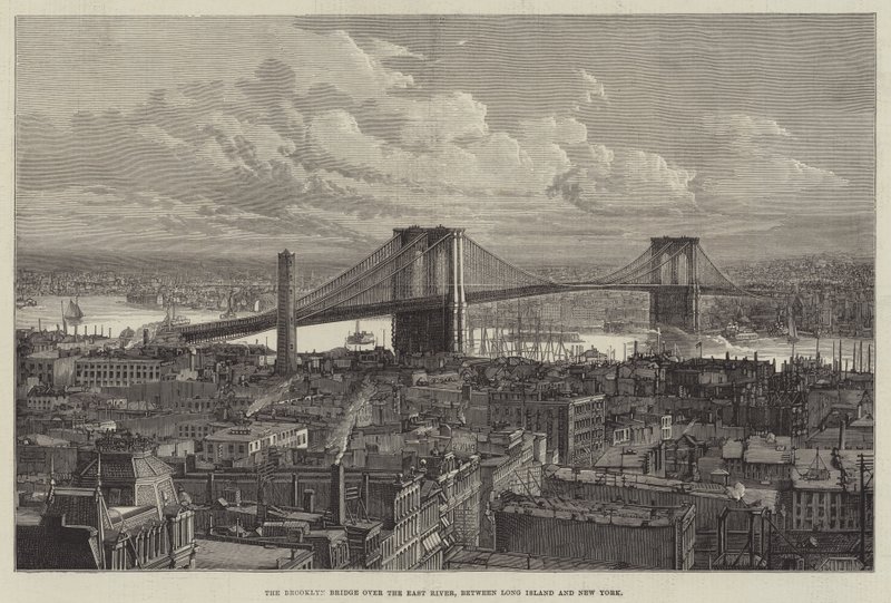 De Brooklyn Bridge over de East River, tussen Long Island en New York door English School