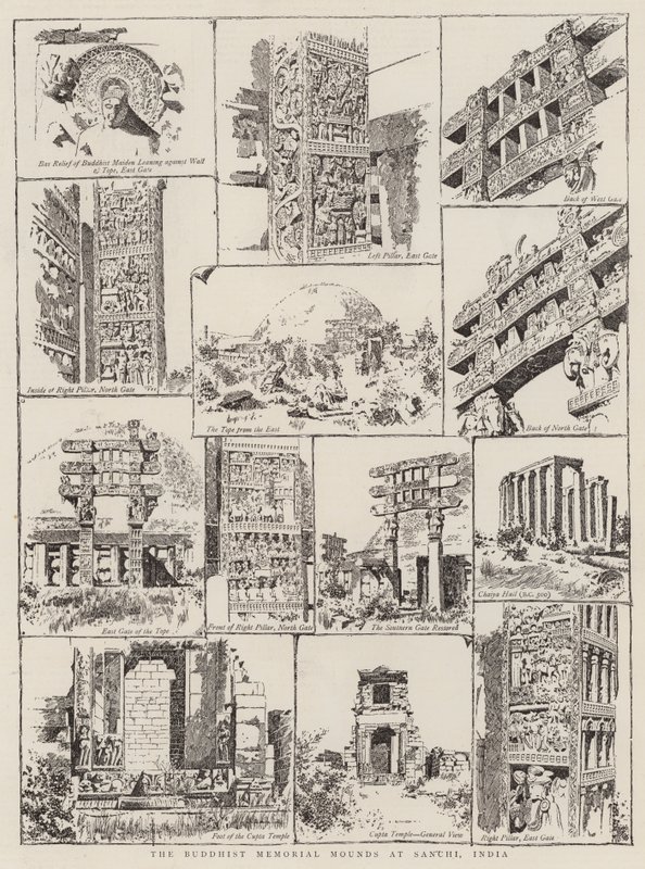 De boeddhistische gedenkheuvels in Sanchi, India door English School