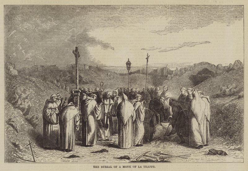 De begrafenis van een monnik van La Trappe (gravure) door English School