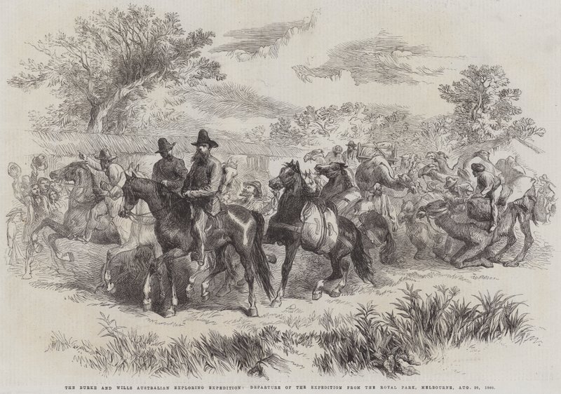 De Burke en Wills Australische ontdekkingsreis, vertrek van de expeditie vanuit het Royal Park, Melbourne, 20 augustus 1860 (gravure) door English School