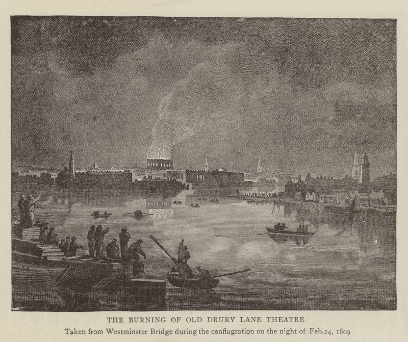 De brand van het oude Drury Lane Theatre door English School