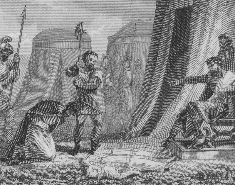 De Byzantijnse Keizer Maurice op het punt geëxecuteerd te worden door de usurpator Phocas, nadat hij zijn vijf kinderen voor zijn ogen zag doden, 602 door English School