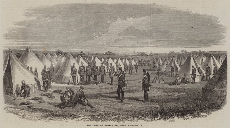 Het kamp bij Stokes Bay, nabij Portsmouth (gravure) door English School