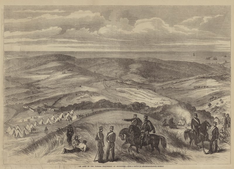 Het kamp van het Turkse contingent in Buyukdere (gravure) door English School