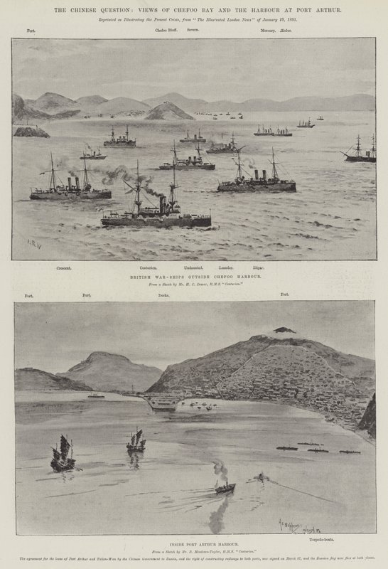 De Chinese kwestie, uitzichten op Chefoo Bay en de haven van Port Arthur door English School