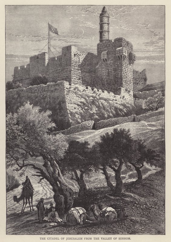 De Citadel van Jeruzalem vanuit de Vallei van Hinnom (gravure) door English School