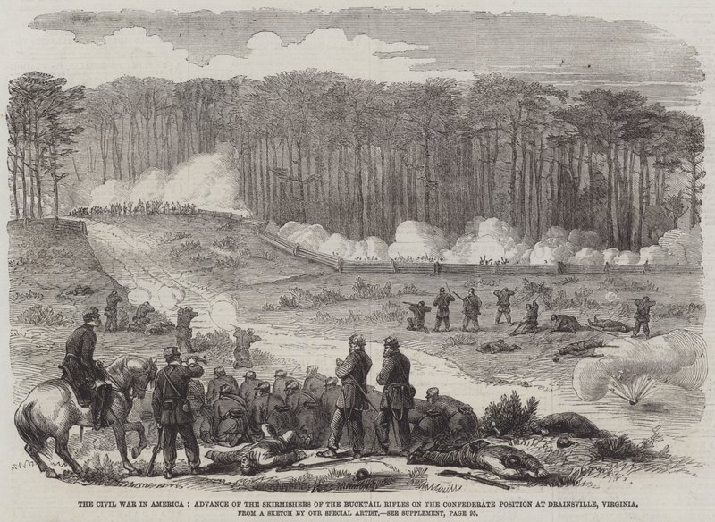 De burgeroorlog in Amerika, de opmars van de schermutselingen van de Bucktail Rifles naar de Zuidelijke positie bij Drainsville, Virginia (gravure) door English School