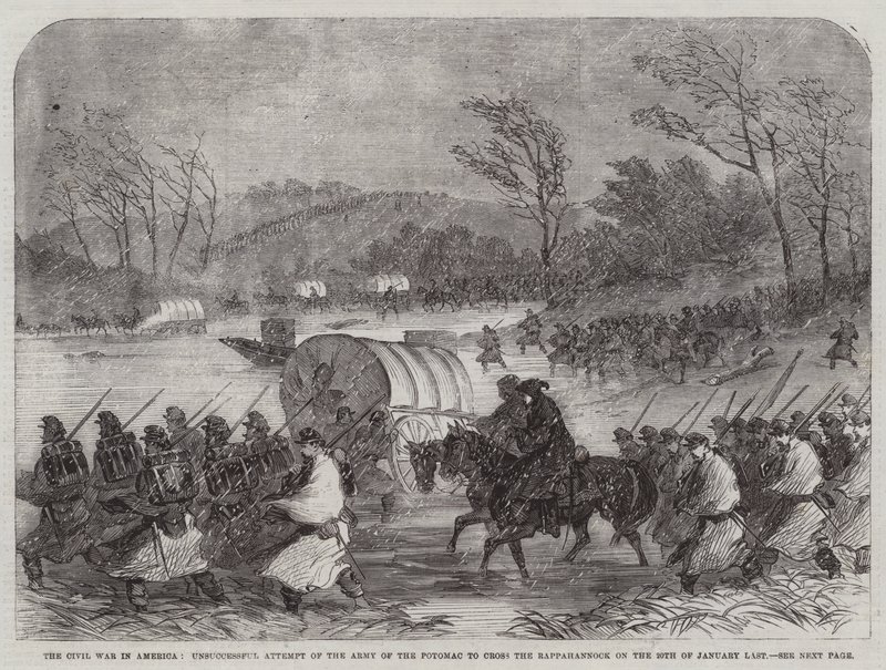 De burgeroorlog in Amerika, mislukte poging van het leger van de Potomac om de Rappahannock over te steken op 20 januari laatstleden door English School