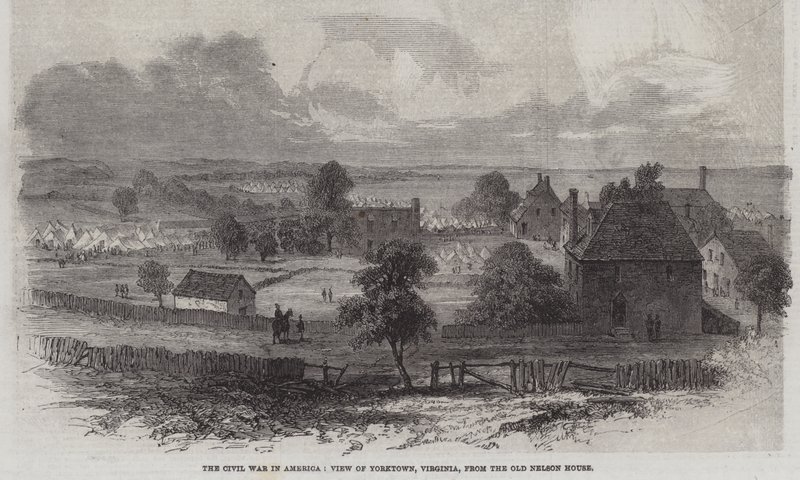 De Burgeroorlog in Amerika, Uitzicht op Yorktown, Virginia, vanaf het Oude Nelson Huis door English School