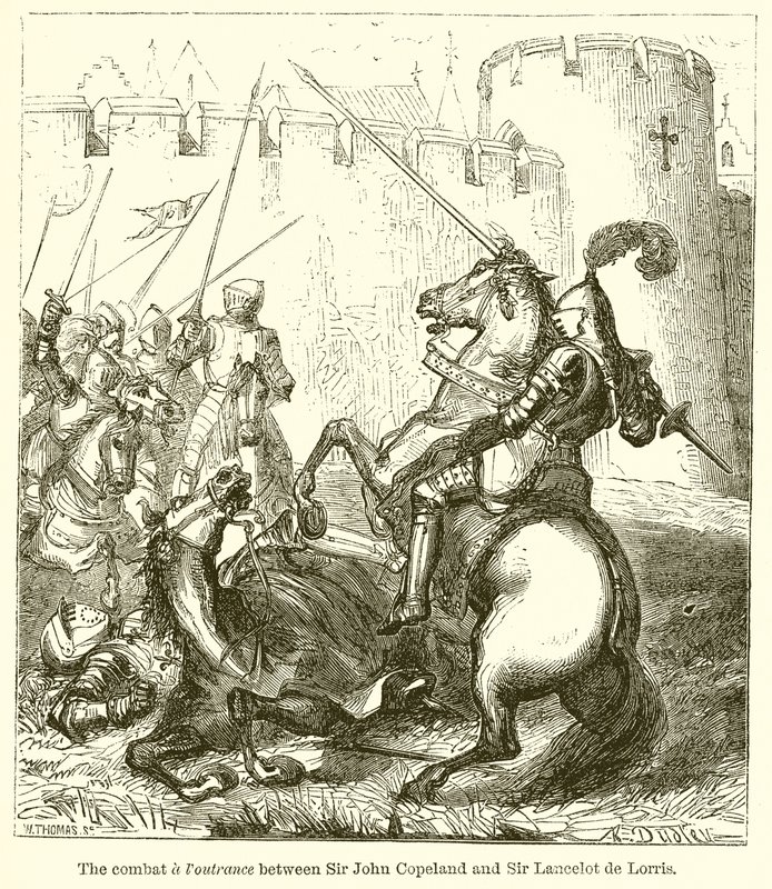 Het Gevecht tussen Sir John Copeland en Sir Lancelot de Lorris door English School