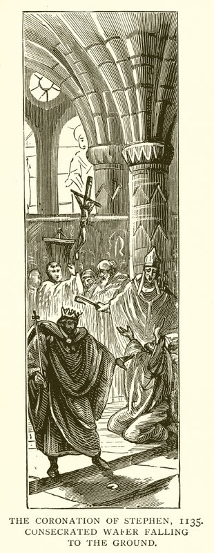 De kroning van Stephen, 1135. Geconsacreerde hostie valt op de grond door English School
