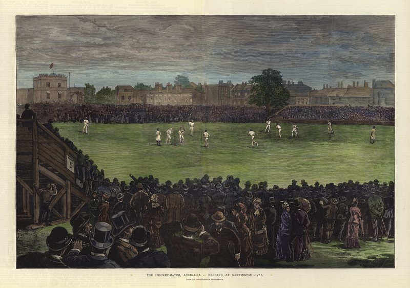 De cricketwedstrijd, Australië tegen Engeland, op Kennington Oval door English School