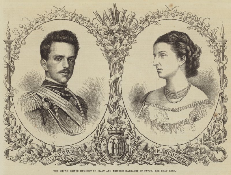 De Kroonprins Humbert van Italië en Prinses Margaret van Savoye (gravure) door English School