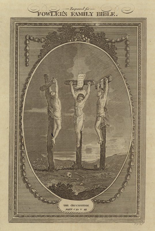 De Kruisiging, Johannes, Hoofdstuk 19, Vers 18 (gravure) door English School