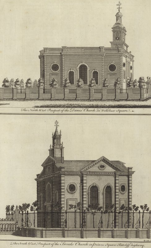 Deense kerk in Wellclose Square en Zweedse kerk in Princes Square, Ratcliff Highway, Londen door English School