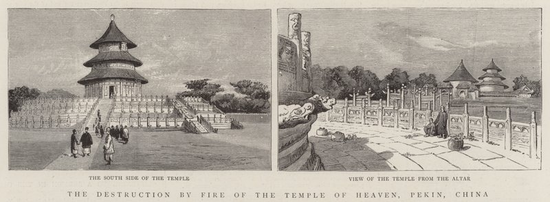 De verwoesting door brand van de Tempel van de Hemel, Peking, China door English School