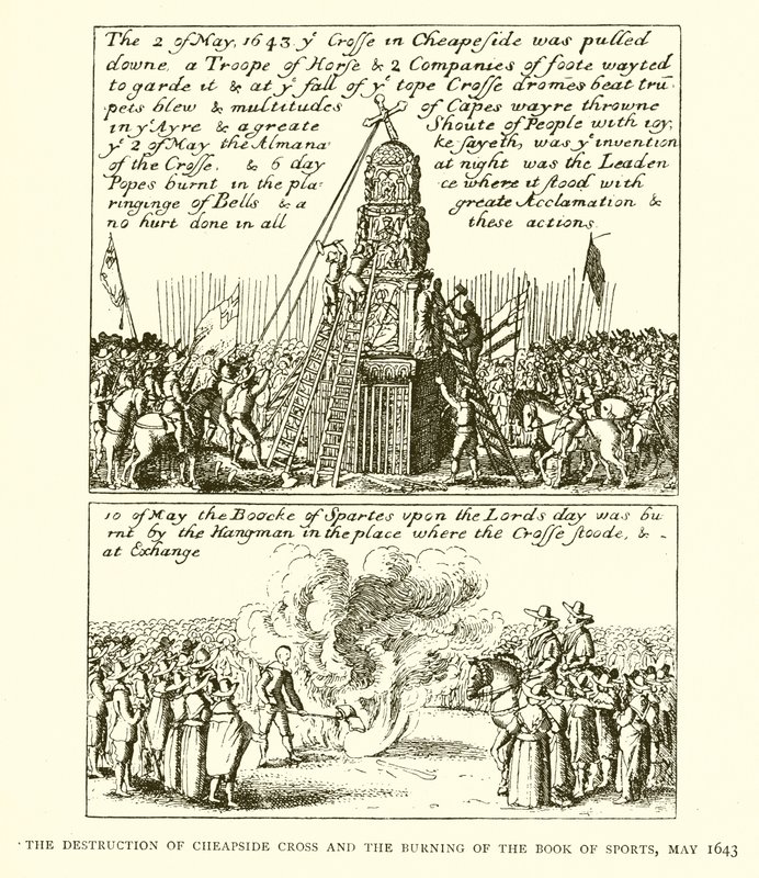 De Vernietiging van Cheapside Cross en het Verbranden van het Boek der Sporten, mei 1643 door English School