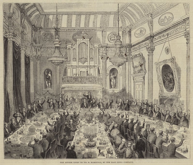 Het diner gegeven aan Sir H Hardinge, door de Oost-Indische Compagnie (gravure) door English School