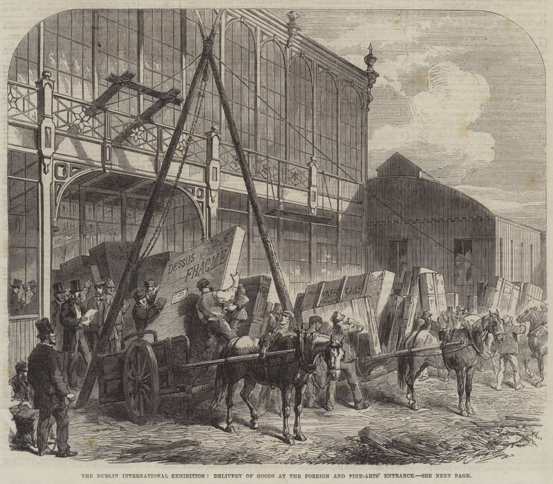 De Dublin International Exhibition, levering van goederen bij de ingang van buitenlandse en schone kunsten (gravure) door English School