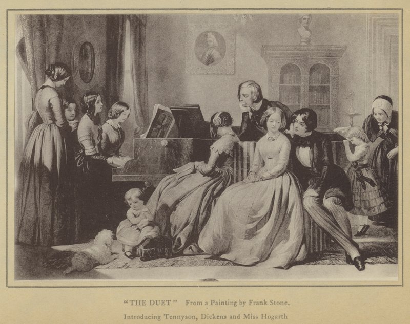 Het Duet, naar een schilderij van Frank Stone, met Tennyson, Dickens en Miss Hogarth door English School