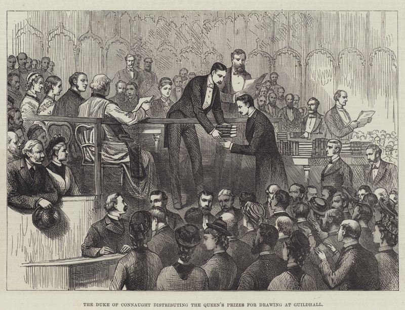 De hertog van Connaught deelt de prijzen van de koningin uit voor tekenen in Guildhall (gravure) door English School