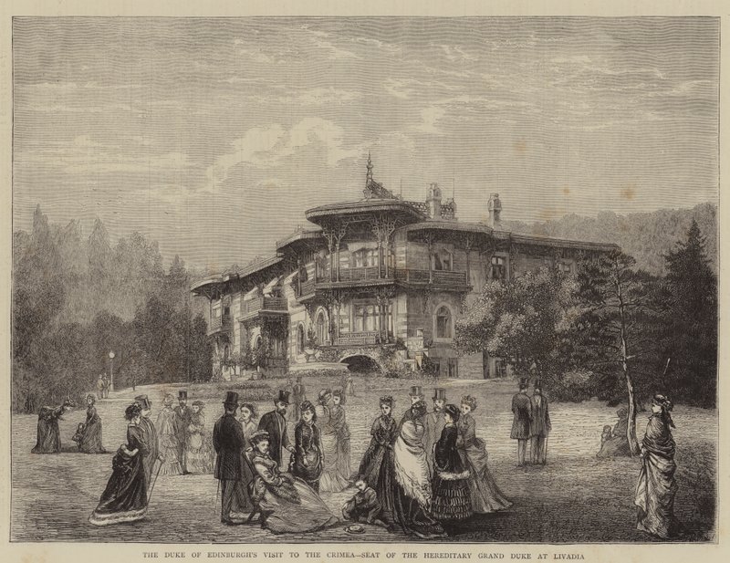 Het Bezoek van de Hertog van Edinburgh aan de Krim, Zetel van de Erfelijke Groothertog in Livadia (gravure) door English School