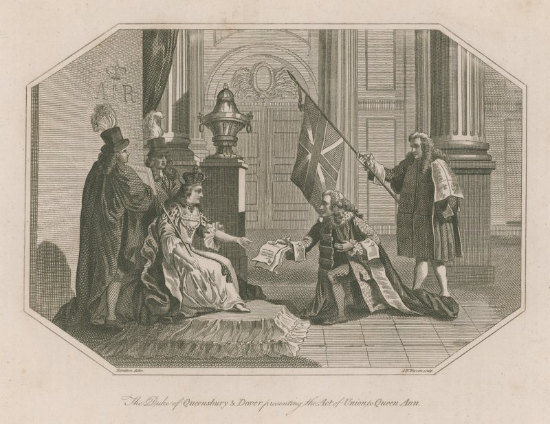 De hertog van Queensbury en Dover presenteren de Act of Union aan koningin Ann door English School