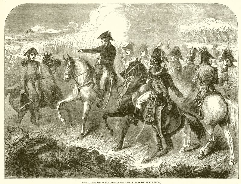 De Hertog van Wellington op het slagveld van Waterloo door English School