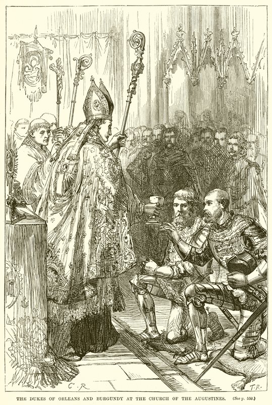 De hertogen van Orléans en Bourgondië in de kerk van de Augustijnen door English School