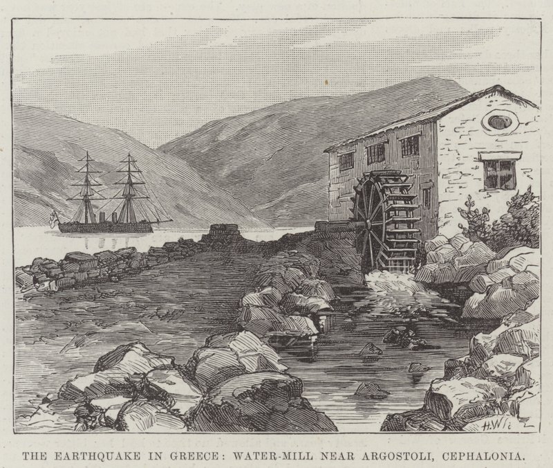 De Aardbeving in Griekenland, Watermolen bij Argostoli, Cephalonia door English School