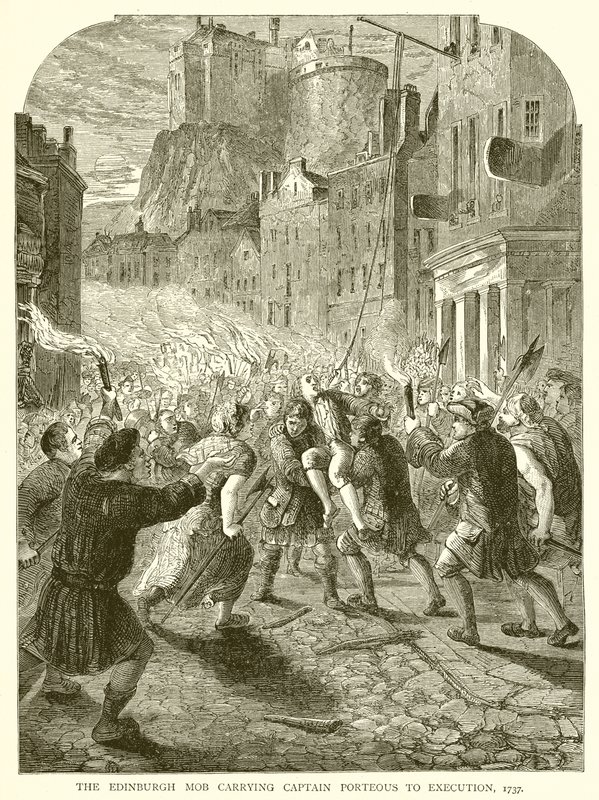 De menigte van Edinburgh draagt kapitein Porteous naar de executie, 1737 door English School