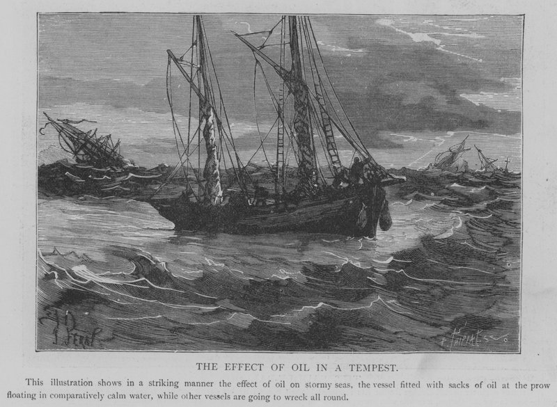 Het effect van olie in een storm (gravure) door English School