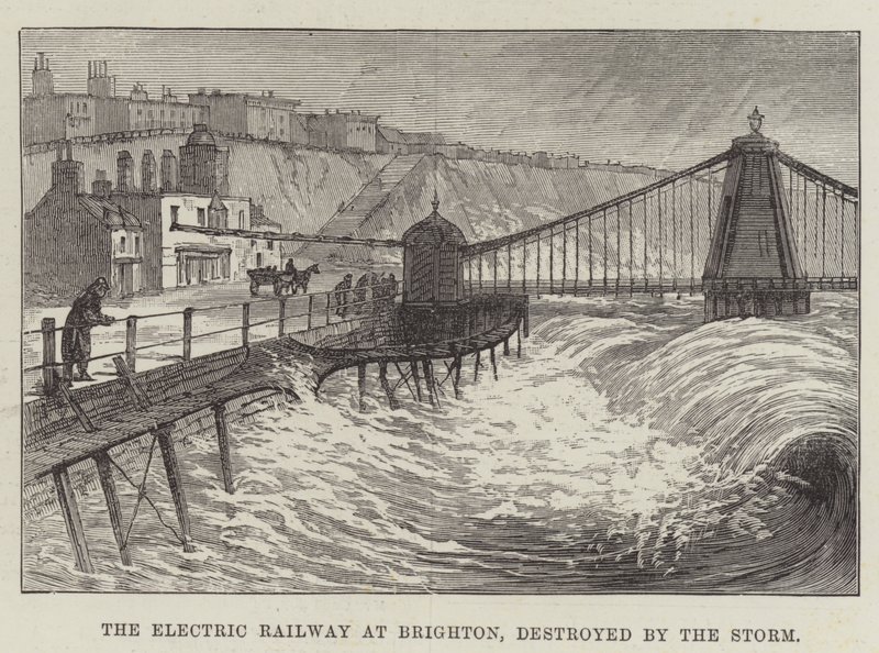 De elektrische spoorweg in Brighton, vernietigd door de storm door English School