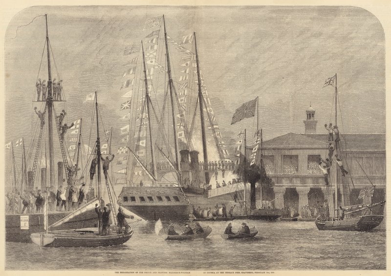 Het inschepen van de prins en prinses Frederick-William van Pruisen bij de Terrace Pier (gravure) door English School