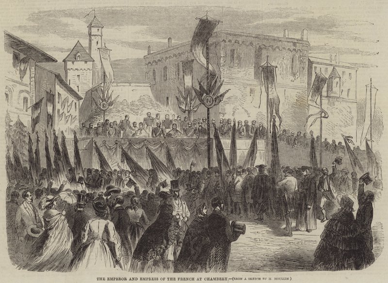 De Keizer en Keizerin van Frankrijk in Chambery (gravure) door English School