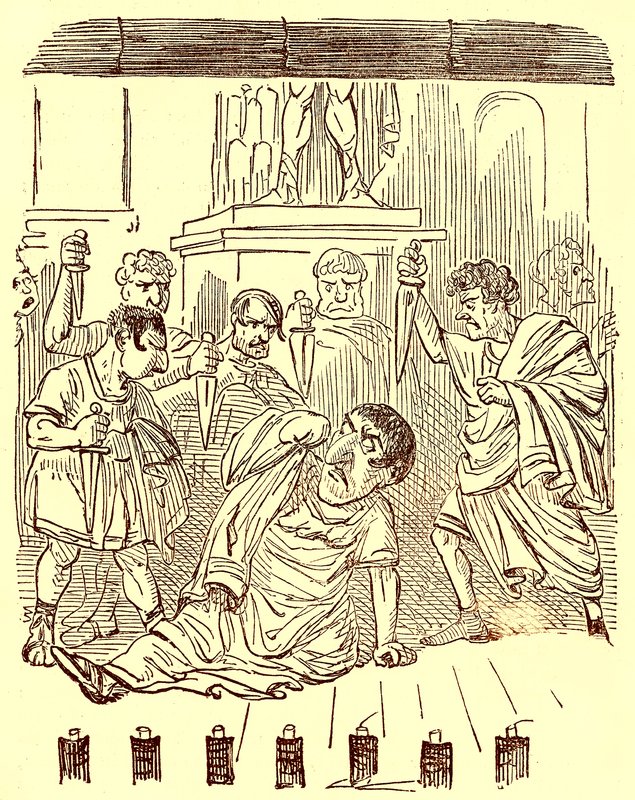 Het einde van Julius Caesar, illustratie uit De Komische Geschiedenis van Rome door Gilbert Abbott a Beckett, gepubliceerd ca. 1850 door English School