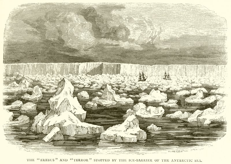 De Erebus en Terror gestopt door de ijsbarrière van de Antarctische Zee door English School