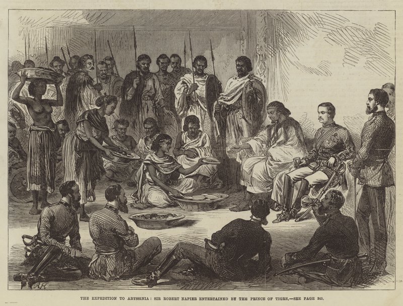 De Expeditie naar Abessinië, Sir Robert Napier vermaakt door de Prins van Tigre (gravure) door English School