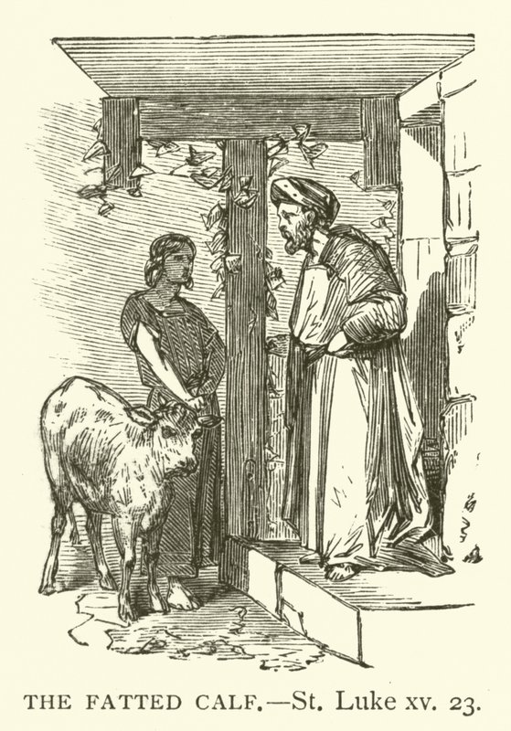Het Gemeste Kalf, Lucas, xv, 23 (gravure) door English School