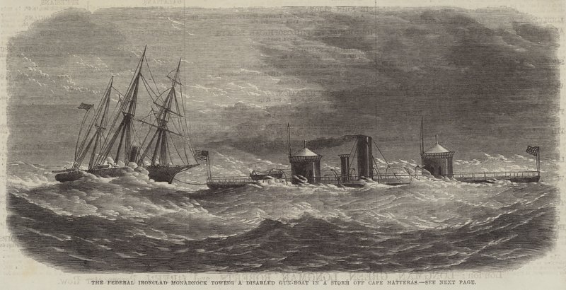 De Federale Pantserboot Monadnock sleept een Gehandicapte Kanonneerboot in een Storm bij Kaap Hatteras door English School
