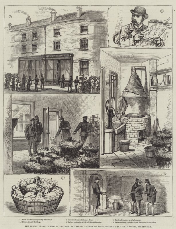 Het Fenian Dynamietcomplot in Engeland, de geheime fabriek van nitroglycerine in Ledsam-Street, Birmingham door English School