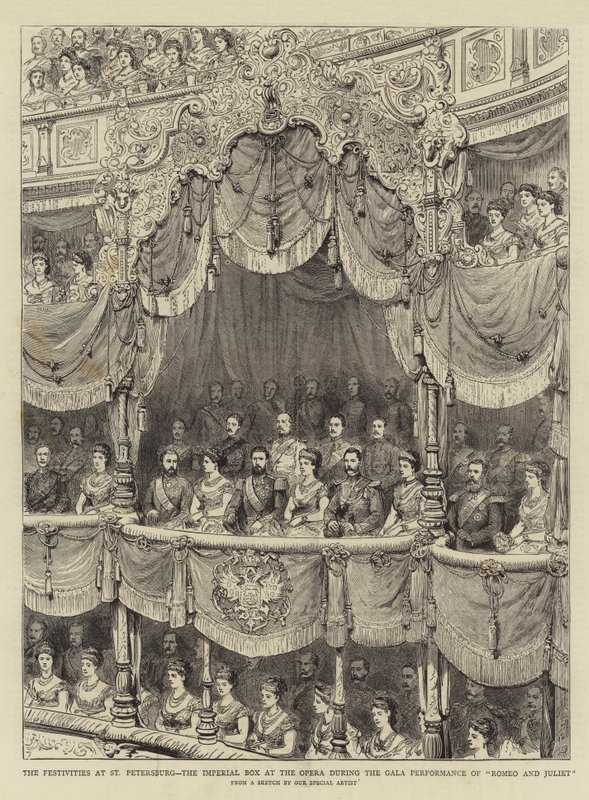 De festiviteiten in Sint-Petersburg, de keizerlijke loge in de opera tijdens de galavoorstelling van "Romeo en Julia" (gravure) door English School