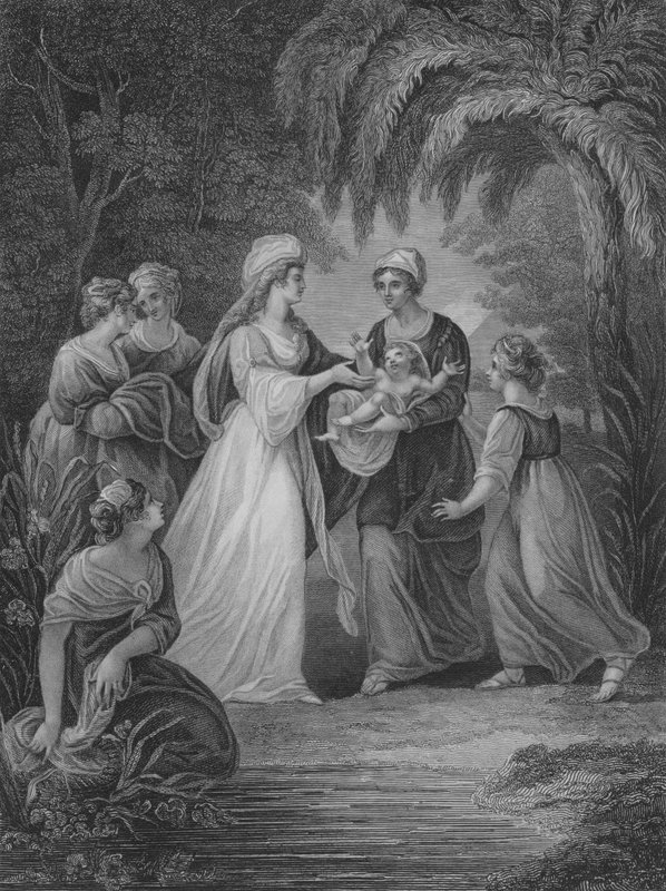 De vondst van Mozes, Exodus 2, Vers 5-11 (gravure) door English School