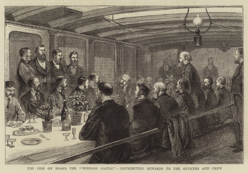 De brand aan boord van de "Windsor Castle", beloningen uitdelen aan de officieren en bemanning (gravure) door English School