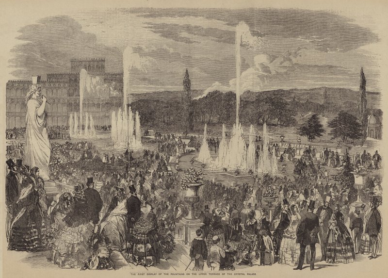 De eerste vertoning van de fonteinen op het bovenste terras van het Crystal Palace (gravure) door English School