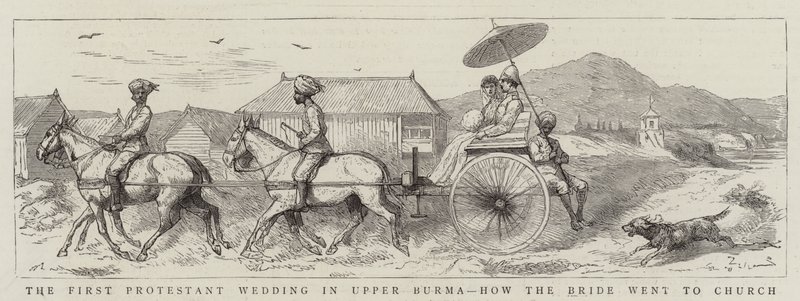 De eerste protestantse bruiloft in Opper-Birma, hoe de bruid naar de kerk ging (gravure) door English School