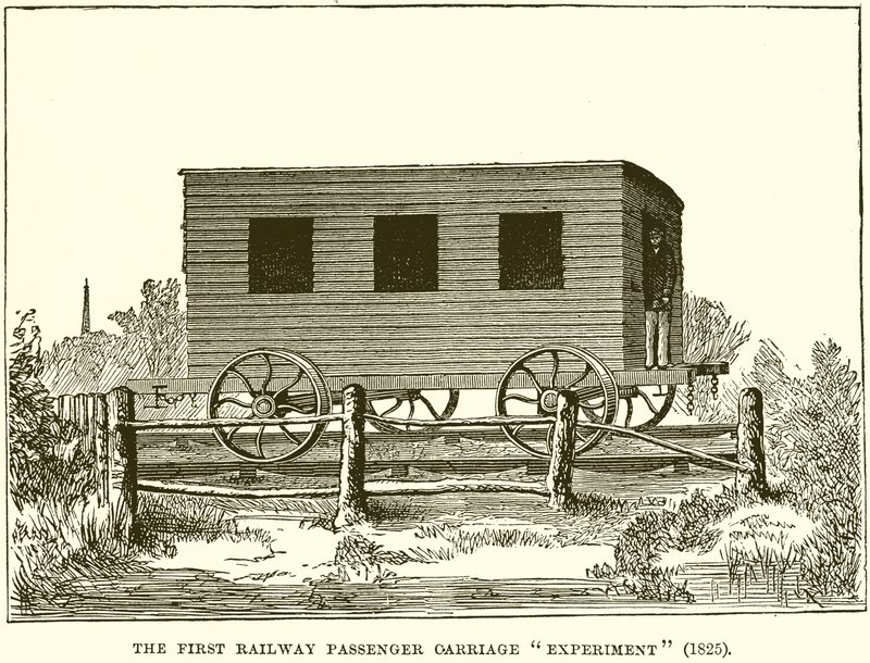 Het Eerste Spoorweg Passagiersrijtuig Experiment (1825) door English School