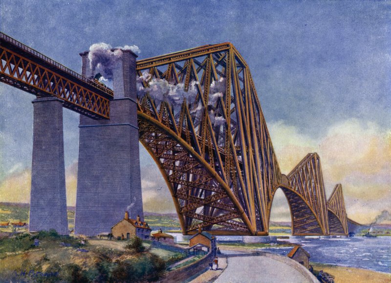 De Forth Bridge, de meest wonderbaarlijke brug ter wereld (litho) door English School